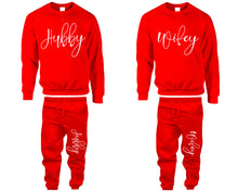 Load image into Gallery viewer, Hubby and Wifey top and bottom sets. Red sweatshirt and sweatpants set for men, sweater and jogger pants for women.
