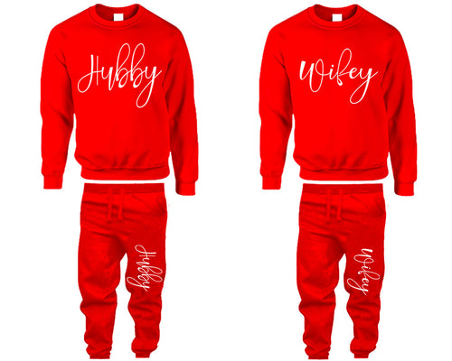 Hubby and Wifey top and bottom sets. Red sweatshirt and sweatpants set for men, sweater and jogger pants for women.