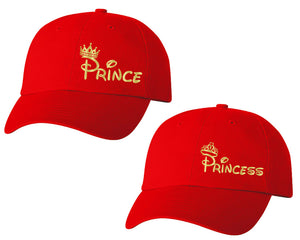 Prince and Princess matching caps for couples, Red baseball caps.Gold Foil color Vinyl Design