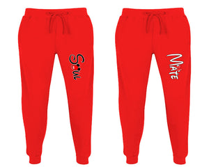 Soul and Mate matching jogger pants, Red sweatpants for mens, jogger set womens. Matching couple joggers.
