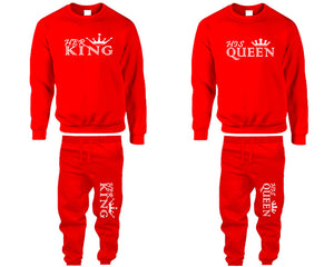 Her King and His Queen top and bottom sets. Red sweatshirt and sweatpants set for men, sweater and jogger pants for women.