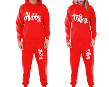 Görseli Galeri görüntüleyiciye yükleyin, Hubby and Wifey matching top and bottom set, Red pullover hoodie and sweatpants sets for mens, pullover hoodie and jogger set womens. Matching couple joggers.
