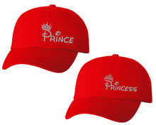 Load image into Gallery viewer, Prince and Princess matching caps for couples, Red baseball caps.Silver Glitter color Vinyl Design
