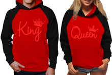 Load image into Gallery viewer, King and Queen raglan hoodies, Matching couple hoodies, Red King Queen design on man and woman hoodies
