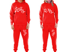 Load image into Gallery viewer, Hubby and Wifey matching top and bottom set, Red pullover hoodie and sweatpants sets for mens, pullover hoodie and jogger set womens. Matching couple joggers.
