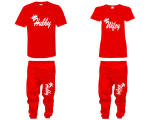 Hubby and Wifey shirts and jogger pants, matching top and bottom set, Red t shirts, men joggers, shirt and jogger pants women. Matching couple joggers