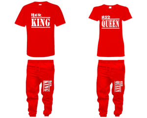 Her King and His Queen shirts and jogger pants, matching top and bottom set, Red t shirts, men joggers, shirt and jogger pants women. Matching couple joggers
