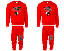 將圖片載入圖庫檢視器 Mr Mrs top and bottom sets. Red sweatshirt and sweatpants set for men, sweater and jogger pants for women.
