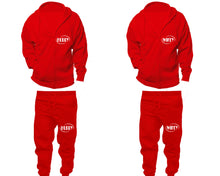 將圖片載入圖庫檢視器 Hubby and Wifey zipper hoodies, Matching couple hoodies, Red zip up hoodie for man, Red zip up hoodie womens, Red jogger pants for man and woman.
