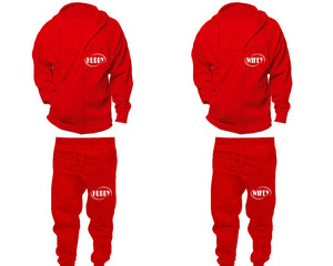 Hubby and Wifey zipper hoodies, Matching couple hoodies, Red zip up hoodie for man, Red zip up hoodie womens, Red jogger pants for man and woman.