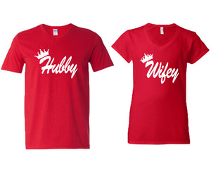 Hubby and Wifey matching couple v-neck shirts.Couple shirts, Red v neck t shirts for men, v neck t shirts women. Couple matching shirts.