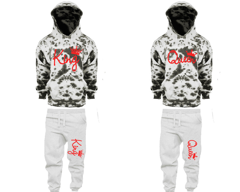 King and Queen matching top and bottom set, Grey Cloud design tie dye hoodie and jogger pants set for mens, tie dye hoodie and jogger set womens. Matching couple joggers.