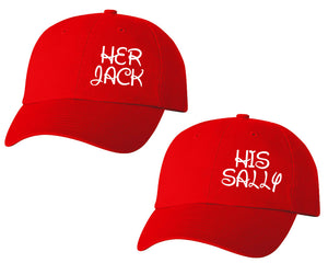 Her Jack and His Sally matching caps for couples, Red baseball caps.