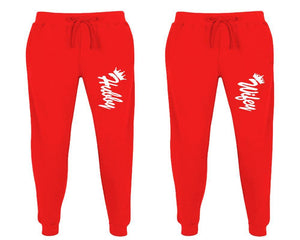 Hubby and Wifey matching jogger pants, Red sweatpants for mens, jogger set womens. Matching couple joggers.