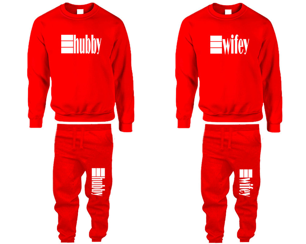 Hubby and Wifey top and bottom sets. Red sweatshirt and sweatpants set for men, sweater and jogger pants for women.