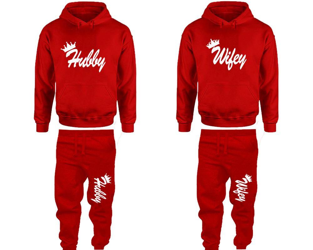 Hubby and Wifey matching top and bottom set, Red pullover hoodie and sweatpants sets for mens, pullover hoodie and jogger set womens. Matching couple joggers.