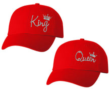 Load image into Gallery viewer, King and Queen matching caps for couples, Red baseball caps.Silver Foil color Vinyl Design
