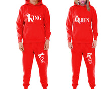 將圖片載入圖庫檢視器 King and Queen matching top and bottom set, Red pullover hoodie and sweatpants sets for mens, pullover hoodie and jogger set womens. Matching couple joggers.
