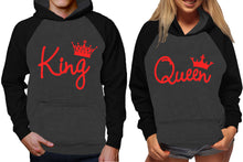 Cargar imagen en el visor de la galería, King and Queen raglan hoodies, Matching couple hoodies, Red King Queen design on man and woman hoodies

