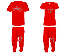 將圖片載入圖庫檢視器 Hubby and Wifey shirts and jogger pants, matching top and bottom set, Red t shirts, men joggers, shirt and jogger pants women. Matching couple joggers
