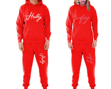 Load image into Gallery viewer, Hubby and Wifey matching top and bottom set, Red pullover hoodie and sweatpants sets for mens, pullover hoodie and jogger set womens. Matching couple joggers.

