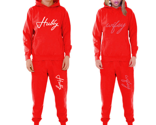 Hubby and Wifey matching top and bottom set, Red pullover hoodie and sweatpants sets for mens, pullover hoodie and jogger set womens. Matching couple joggers.