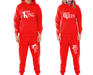 Her King and His Queen matching top and bottom set, Red pullover hoodie and sweatpants sets for mens, pullover hoodie and jogger set womens. Matching couple joggers.