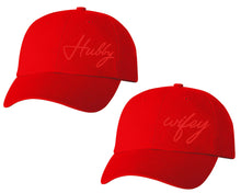 Görseli Galeri görüntüleyiciye yükleyin, Hubby and Wifey matching caps for couples, Red baseball caps.Red color Vinyl Design
