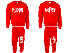 Görseli Galeri görüntüleyiciye yükleyin, Hubby and Wifey top and bottom sets. Red sweatshirt and sweatpants set for men, sweater and jogger pants for women.
