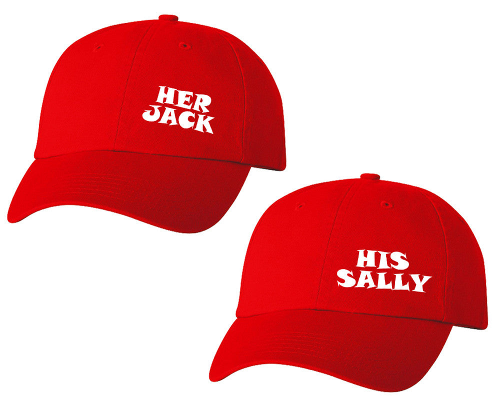 Her Jack and His Sally matching caps for couples, Red baseball caps.