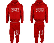 Charger l&#39;image dans la galerie, King and Queen matching top and bottom set, Red pullover hoodie and sweatpants sets for mens, pullover hoodie and jogger set womens. Matching couple joggers.
