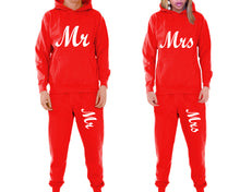 將圖片載入圖庫檢視器 Mr and Mrs matching top and bottom set, Red pullover hoodie and sweatpants sets for mens, pullover hoodie and jogger set womens. Matching couple joggers.
