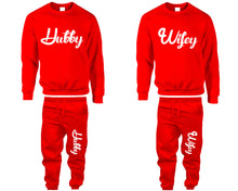 Load image into Gallery viewer, Hubby and Wifey top and bottom sets. Red sweatshirt and sweatpants set for men, sweater and jogger pants for women.
