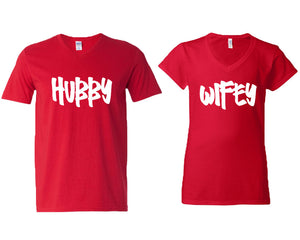 Hubby and Wifey matching couple v-neck shirts.Couple shirts, Red v neck t shirts for men, v neck t shirts women. Couple matching shirts.
