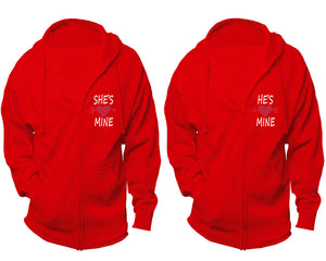 She's Mine and He's Mine zipper hoodies, Matching couple hoodies, Red zip up hoodie for man, Red zip up hoodie womens