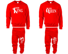Load image into Gallery viewer, Her King and His Queen top and bottom sets. Red sweatshirt and sweatpants set for men, sweater and jogger pants for women.
