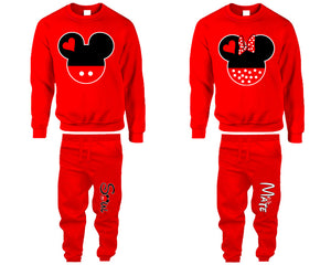 Mickey Minnie top and bottom sets. Red sweatshirt and sweatpants set for men, sweater and jogger pants for women.