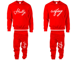 Hubby Wifey top and bottom sets. Red sweatshirt and sweatpants set for men, sweater and jogger pants for women.