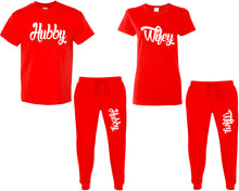 Load image into Gallery viewer, Hubby and Wifey shirts and jogger pants, matching top and bottom set, Red t shirts, men joggers, shirt and jogger pants women. Matching couple joggers

