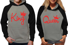 Cargar imagen en el visor de la galería, King and Queen raglan hoodies, Matching couple hoodies, Red King Queen design on man and woman hoodies
