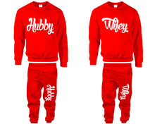 將圖片載入圖庫檢視器 Hubby and Wifey top and bottom sets. Red sweatshirt and sweatpants set for men, sweater and jogger pants for women.
