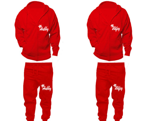 Hubby and Wifey zipper hoodies, Matching couple hoodies, Red zip up hoodie for man, Red zip up hoodie womens, Red jogger pants for man and woman.