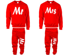 將圖片載入圖庫檢視器 Mr and Mrs top and bottom sets. Red sweatshirt and sweatpants set for men, sweater and jogger pants for women.
