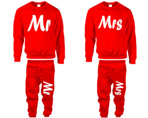 Mr and Mrs top and bottom sets. Red sweatshirt and sweatpants set for men, sweater and jogger pants for women.