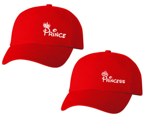 Prince and Princess matching caps for couples, Red baseball caps.White color Vinyl Design