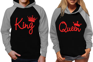King and Queen raglan hoodies, Matching couple hoodies, Red King Queen design on man and woman hoodies