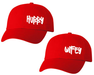 Hubby and Wifey matching caps for couples, Red baseball caps.