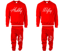 Görseli Galeri görüntüleyiciye yükleyin, Hubby and Wifey top and bottom sets. Red sweatshirt and sweatpants set for men, sweater and jogger pants for women.
