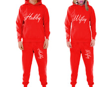 將圖片載入圖庫檢視器 Hubby and Wifey matching top and bottom set, Red pullover hoodie and sweatpants sets for mens, pullover hoodie and jogger set womens. Matching couple joggers.

