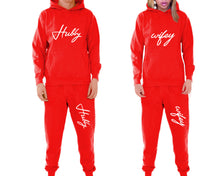 將圖片載入圖庫檢視器 Hubby and Wifey matching top and bottom set, Red pullover hoodie and sweatpants sets for mens, pullover hoodie and jogger set womens. Matching couple joggers.
